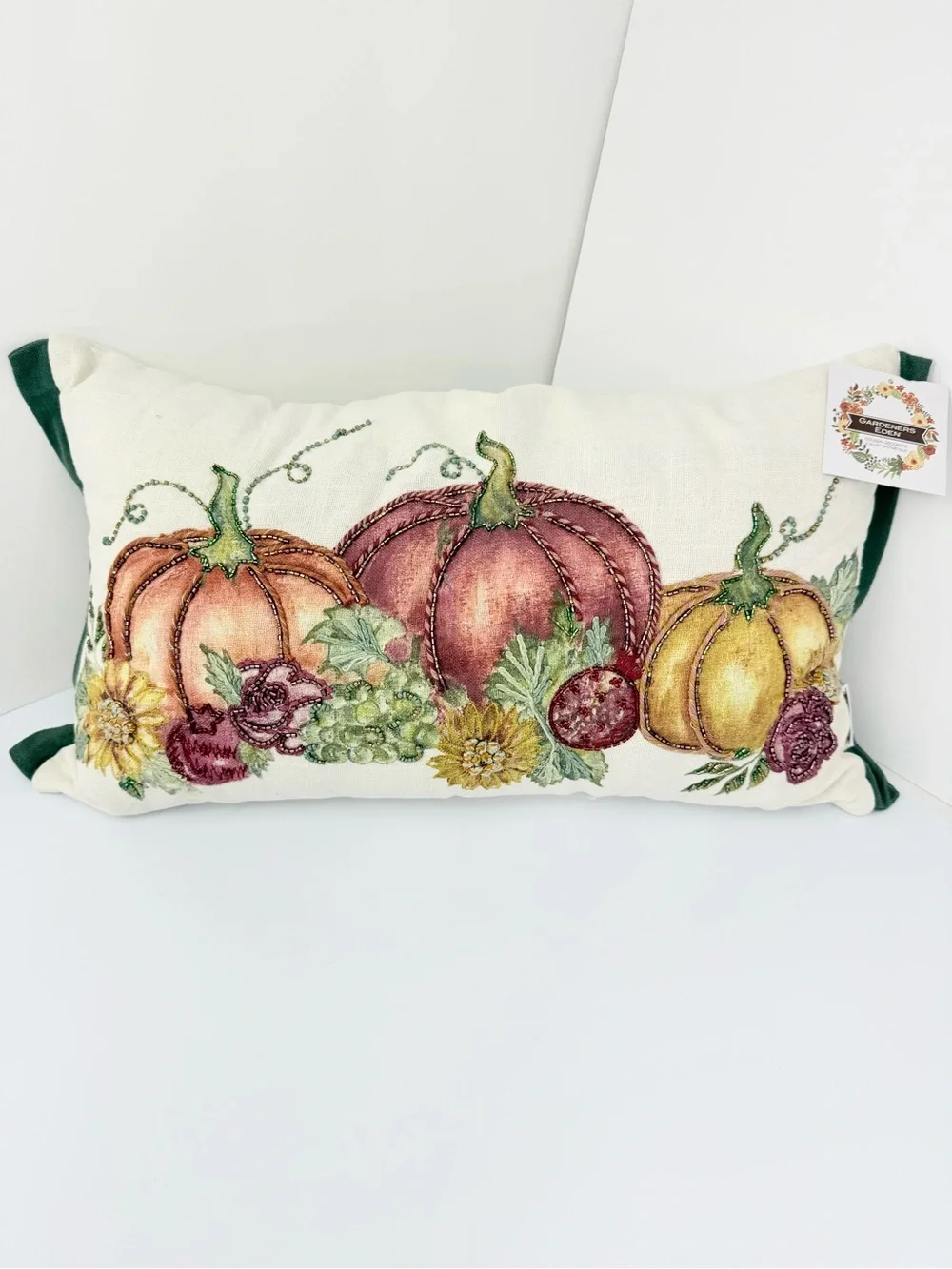 Gardeners Eden Cream Green Pumpkin Fall Print Soft Woven Beaded Accent Pillow